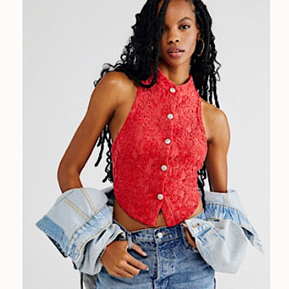 FREE PEOPLE Red Floral Velvet & Lace Button Front Vest Top Medium NWT